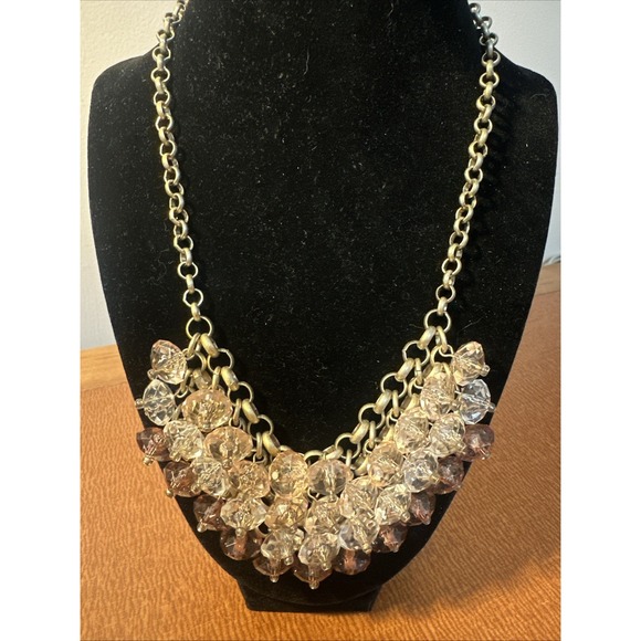 Lucite 3 Colors Crystal Statement Necklace Antiqued Brass Link Chain Adjustable - Picture 1 of 9